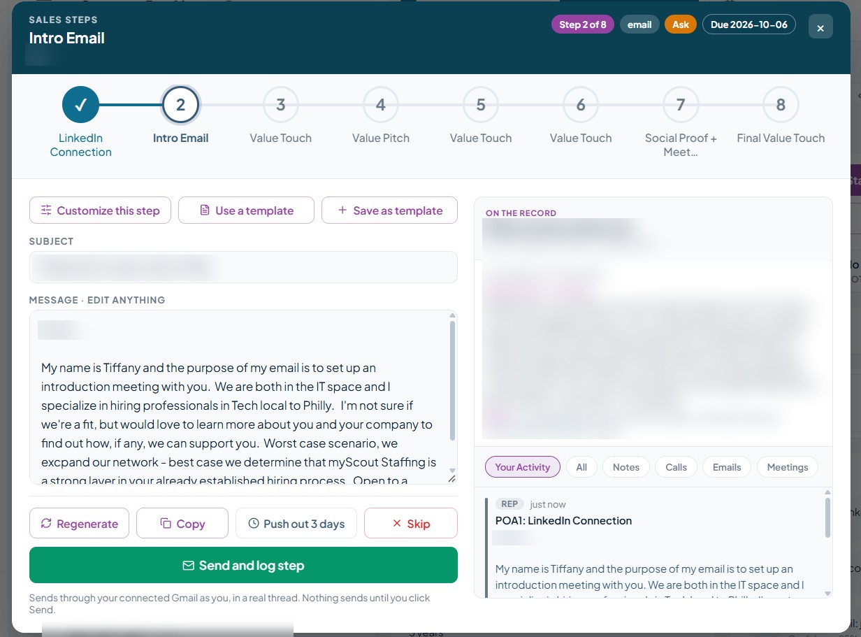 myScout sales steps: a step by step plan with a drafted message
